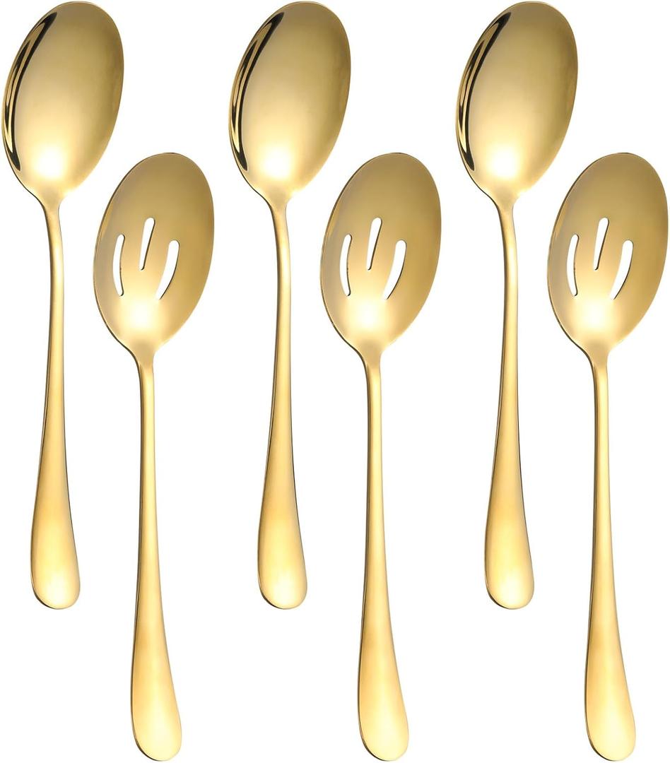 6 Pieces Serving Spoons Set, 8.7 Inch Serving Spoon, Includes 3 Server Spoon and 3 Slotted Spoons, Stainless Steel Buffet Banquet Large Utensils Cutlery Set for Kitchen, Gold
