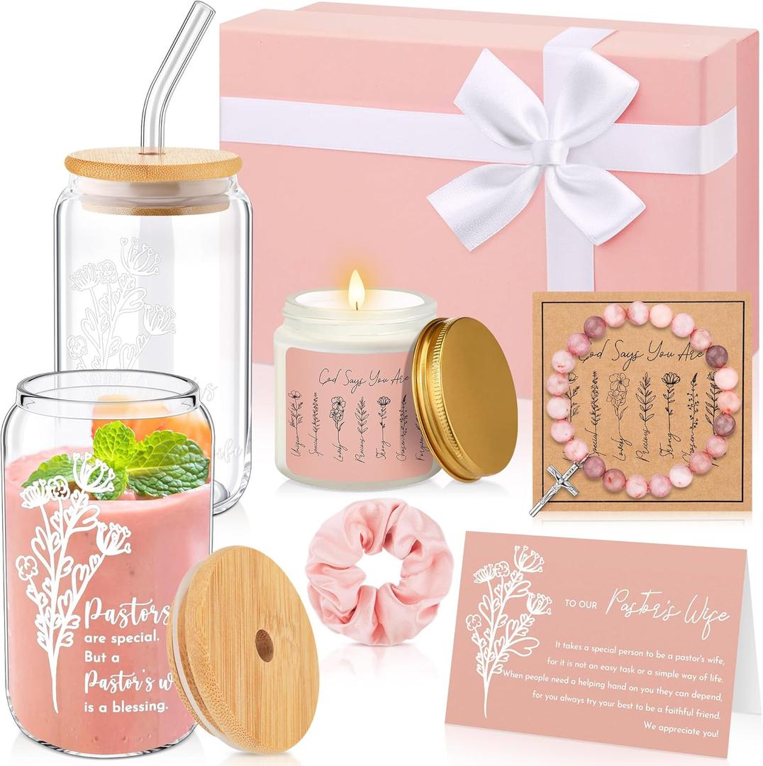 8 Pcs Christmas Pastor's Wife Appreciation Gifts Box with Glass Cup Candle Bracelet Hair Scrunchy Card Christian Religious Inspirational Thank You Gifts for Pastors Bishop Wife Women(Pink)