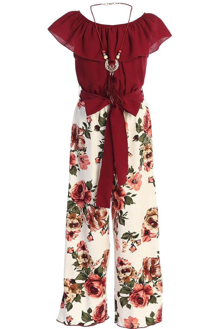 Little Girls Sleeveless Relax Fit Jumpsuit Chiffon Belt Floral Romper Jumpsuit Size 10