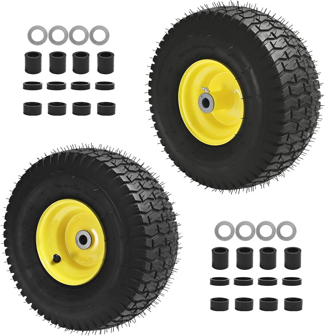 15x6.00-6 Lawn Mower Tires, Yellow Wheel,15x6-6 Front Tire -3" Offset Hub,3/4" Bushing Replacement for Craftsman/John Deere/Cub Cadet Riding Mowers,4 Ply Tubeless (2 PACK)