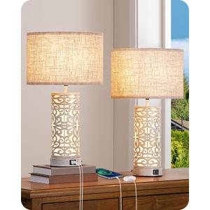 EDISHINE 21.65" Farmhouse Table Lamp Set of 2, Touch 3-Way Dimmable Vintage Nightstand Lamp with A+C USB Ports, Bedside Lamp with Night Light Base for Living Room, Bedroom