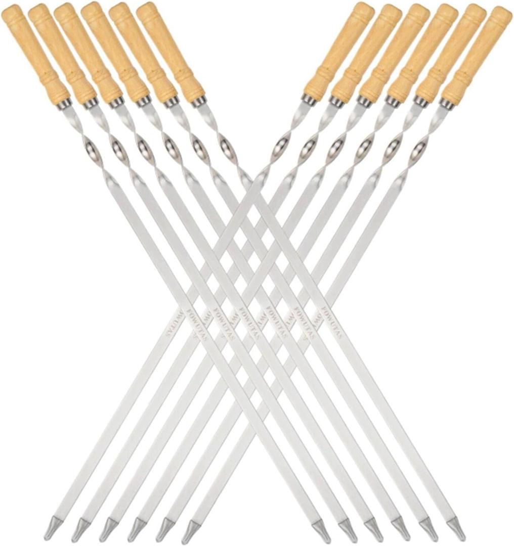 Large Size Kabob Skewers Flat Metal BBQ 22" Barbecue Skewer Wooden Handle Stainless Steel Shish Kabob Stick Wide Reusable Grilling Set Meat Shrimp Chicken Vegetable Kebab Fork Sausage-12PCS