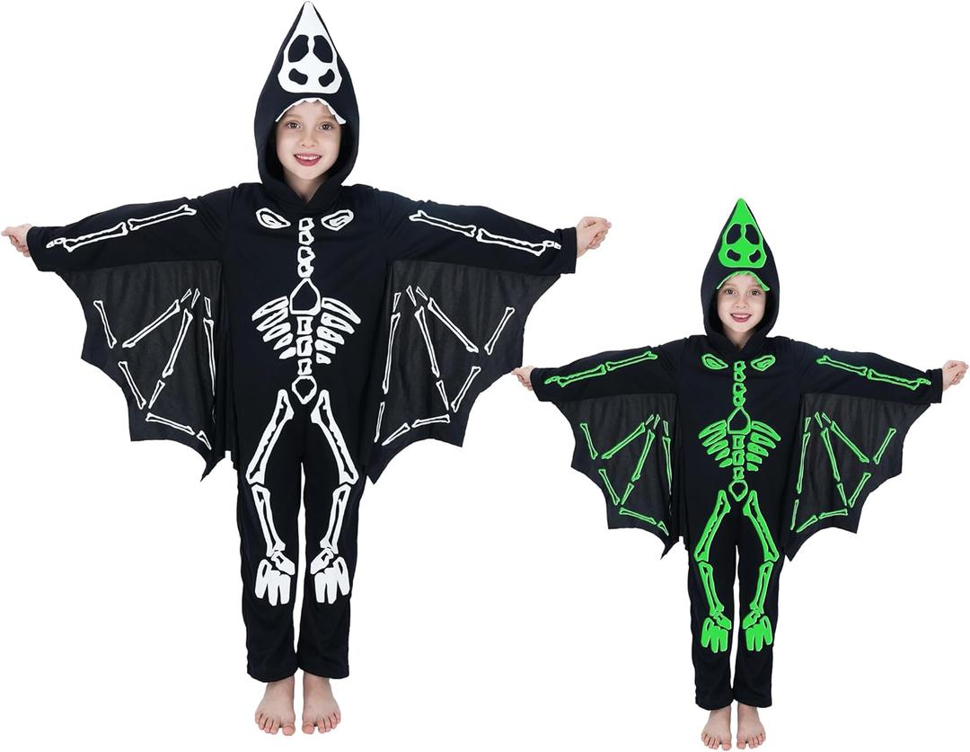 Wizland Kids Bat Skeleton Costume, Glow in the Dark Vampire Bat onesie, Scary Halloween Costume for Boys and Girls (9-11, Black)