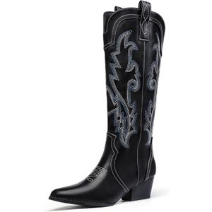 IDIFU IN2 Cowboy Boots For Women Cowgirl Knee High Western Tall Boots Chunky Low Pointed Toe Heel Boots Fashion Booties for Women Embroidered Wedding Country Concert Boots (7, Black)