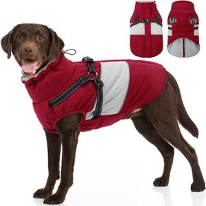 SUNFURA Dog Coat, XXL Dog Jacket Winter with Harness Built in, Waterproof Pet Snow Jacket with Furry Collar for Chilly Day, Reflective Fleece Snowsuit for Extra Large Dogs, Burgundy 2XL