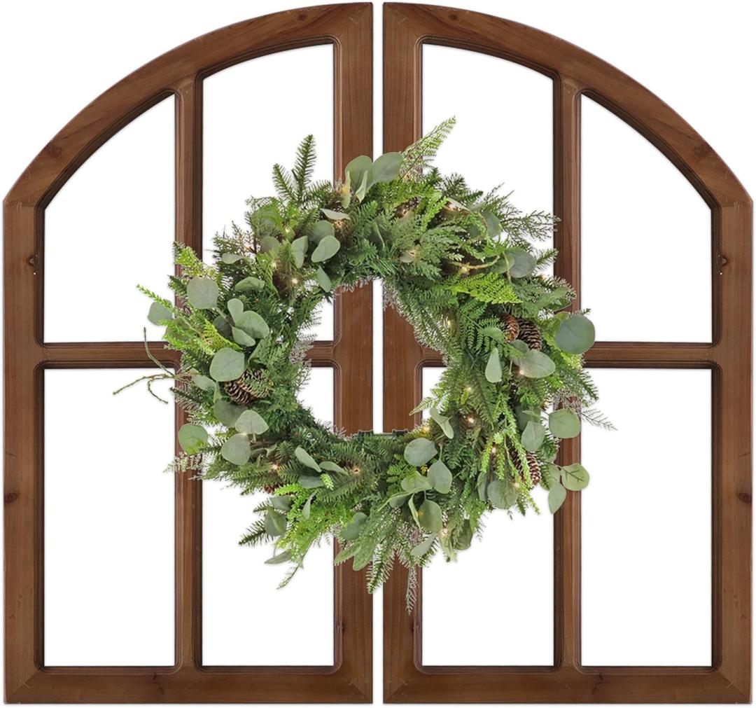 Sintosin Farmhouse Arched Window Frame Wall Decor 30 Inch, Set of 2 Hanging Burning Finished Wooden Window Pane above Bed Wall Art, Rustic Home Decor for Living Room Fireplace Entryway Hallway