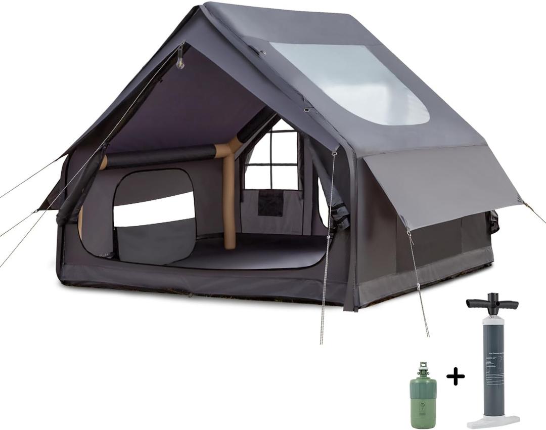 Inflatable Camping Tent, with Electric Air Pump, 4 Season Waterproof Windproof, Clear Skylight & 420D Oxford Waterproof, Air Tent with Mesh Windows/Doors (Grey)