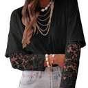 LOLONG Black Long Sleeve Shirt for Woman Fall Crew Neck Tops Ladies Casual Lace Sleeve Solid Basic Tees, XXL