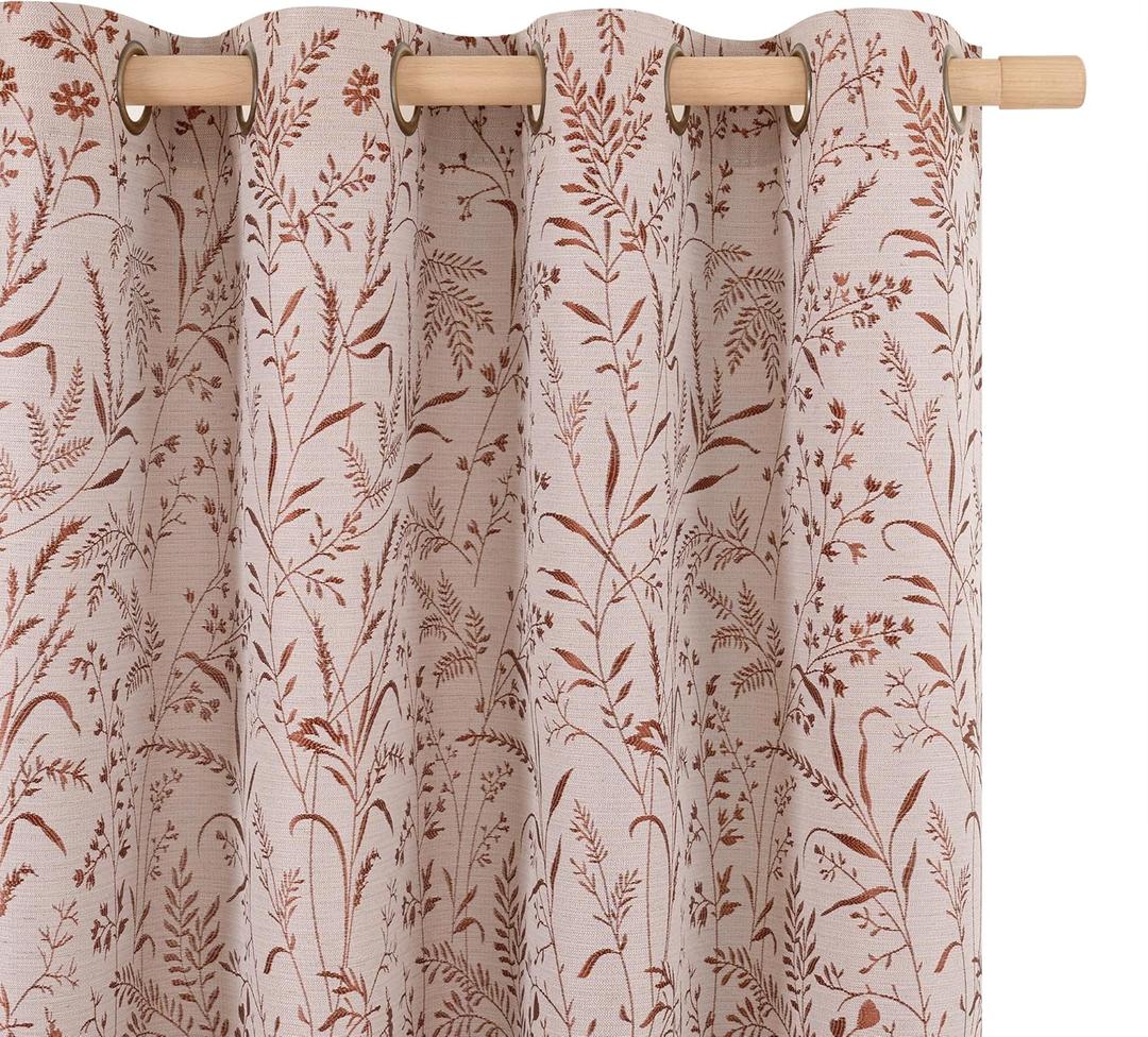 BGment Linen Curtains for Living Room 84 Inches Long - Fall Jacquard Botanical Leaf Floral Branch Vintage Cottage Core Farmhouse Light Filtering Rustic Window Drapes, Terracotta, Each 52 Inch Wide