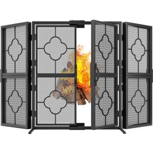 Amagabeli 48 x 28 Inch Fireplace Screen with Doors 3 Panel Foldable Wrought Iron Furnace Fireguards Metal Fireplace Spark Guard Cover Handcrafted Solid Stand Alone Screen for Wood Burning Mesh Fire (Size 1)