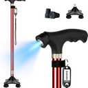 Telescopic Walking Cane with LED Light,2-in-1 Single/Quad Base Senior Mobility Aid,Adjustable Height Non-Slip TPR Pad Aluminum Walking Stick,Wine Red