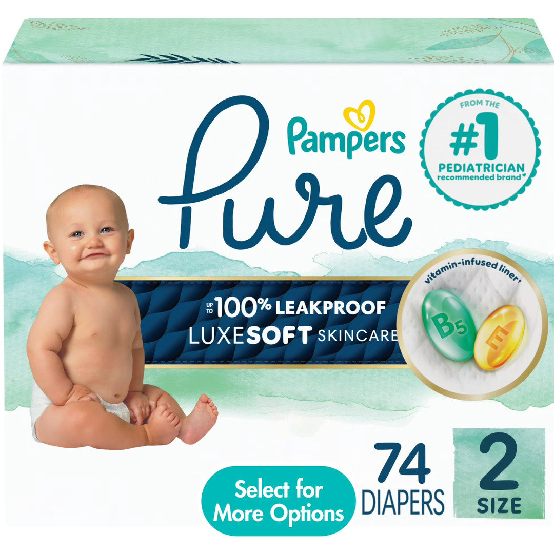 Pampers Pure Baby Diapers, Size 2 (12-18 Lbs), 74, Up To 100% Leakproof