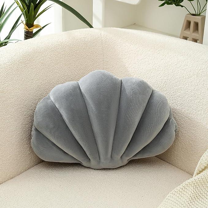 Shell Pillows Seashell Decorative Pillow Soft Velvet Beach Aesthetic Seashell Shaped Pillow Home Bedroom Living Room Décor (Grey, 17 X 13 inches)