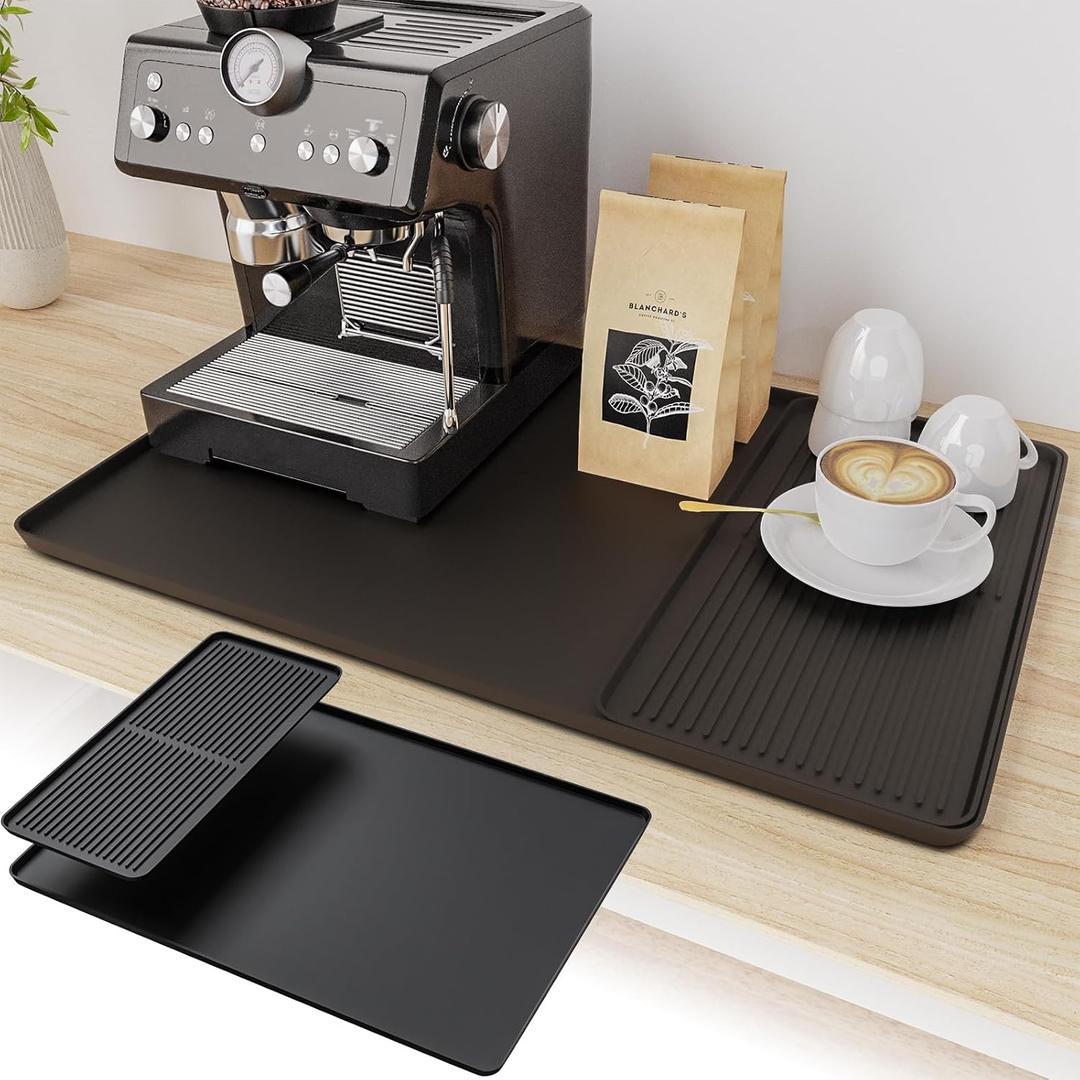 2-in-1 Coffee Mat & Dish Drying Mat Coffee Bar Mats for Countertop Coffees Matt for Counter Silicone Coffees Espresso Machine Station Mats Under coffe Maker Spill Matt Countertops Pot 2416inch (Black)