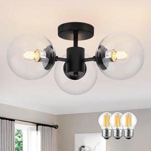 Mid Century 3-Light Clear Globe Glass Black Chandelier 19 Inch Modern Black Semi Flush Mount Ceiling Lights Modern Light Fixtures Ceiling Lights Fixture for Bedroom Hallway Entryway
