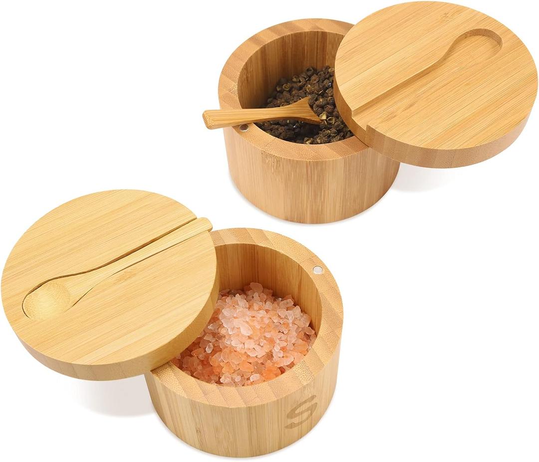 HTB Bamboo Salt Cellar Set with Spoon, Kitchen Spice Containers with Magnetic Swivel Lids, 2 Seasoning Containers Set Engraved with S and P