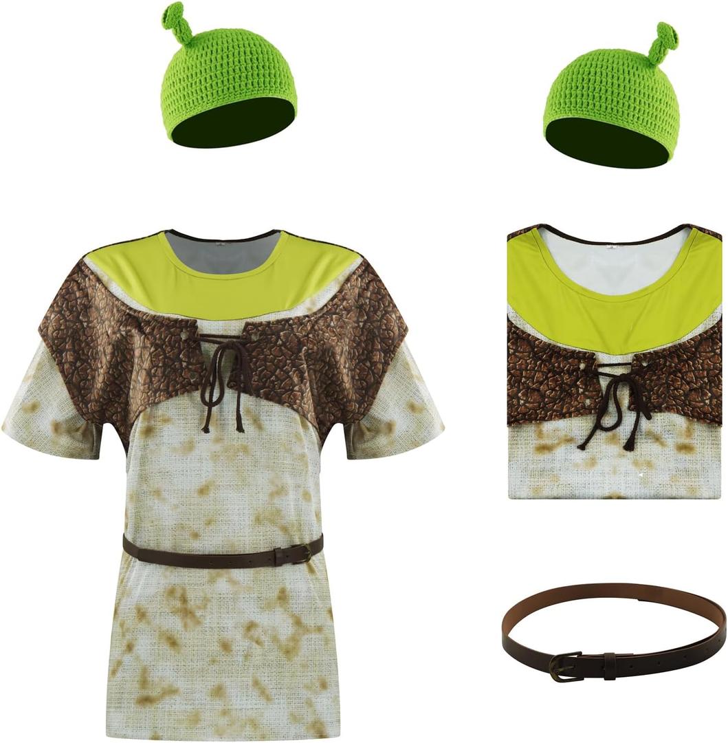 Ogre Costume Shirt Vest Animated Comedy Movie Cosplay Sublimation Shirt Adult Knitted Hat with Ears Accessory Props (XX-Large, Off-white)