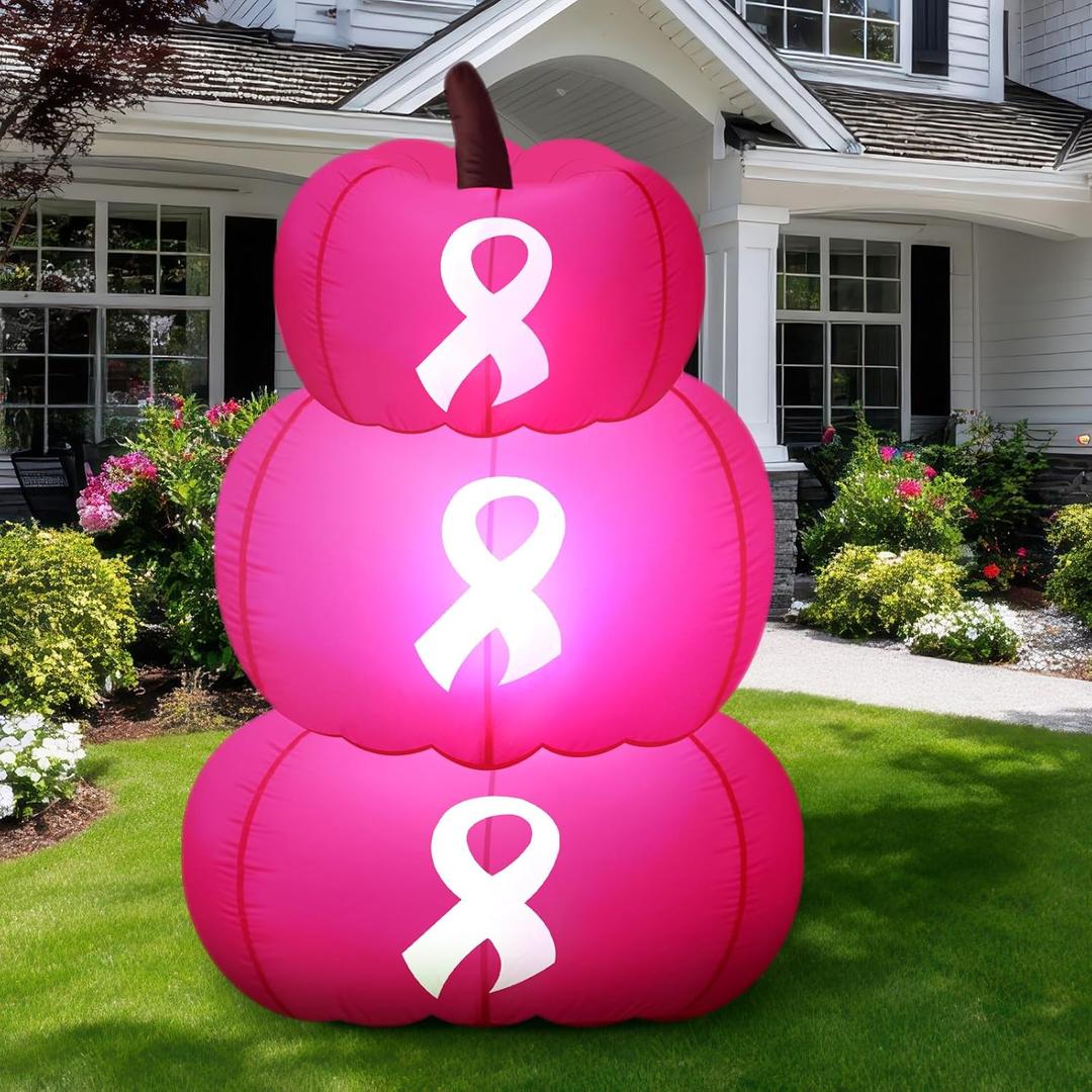 Leyndo 4 ft 3 Pcs Breast Cancer Awareness Inflatable Pumpkin Pink Ribbon Decor Breast Cancer Party Supplies Pumpkin Blow up Outer Decoration Large Party Yard Decoration