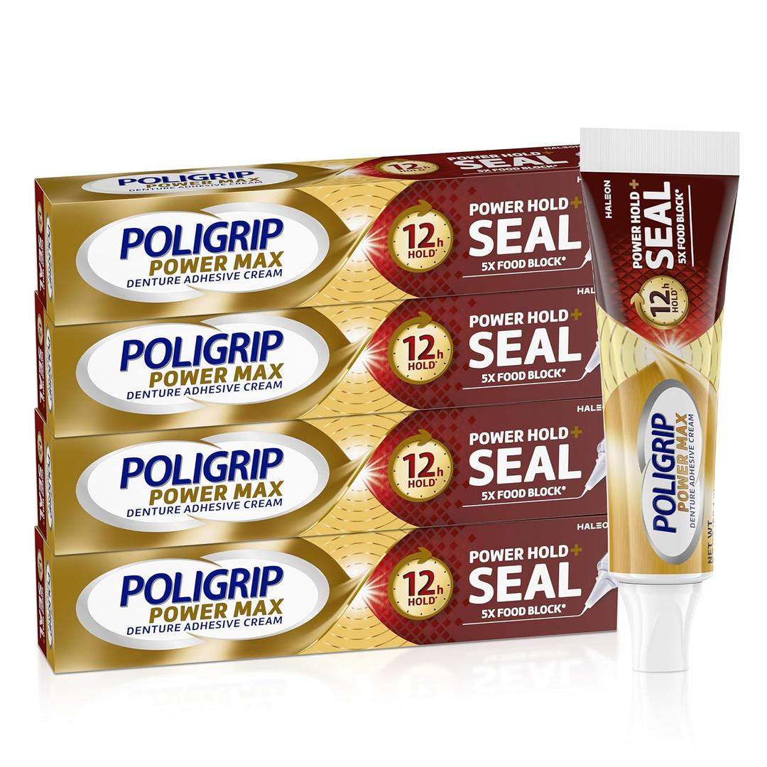 Poligrip Power Max Power Hold plus Seal Denture Adhesive Cream, Denture Cream for Secure Hold and Food Seal, Flavor Free - 2.2 oz (Pack of 4)
