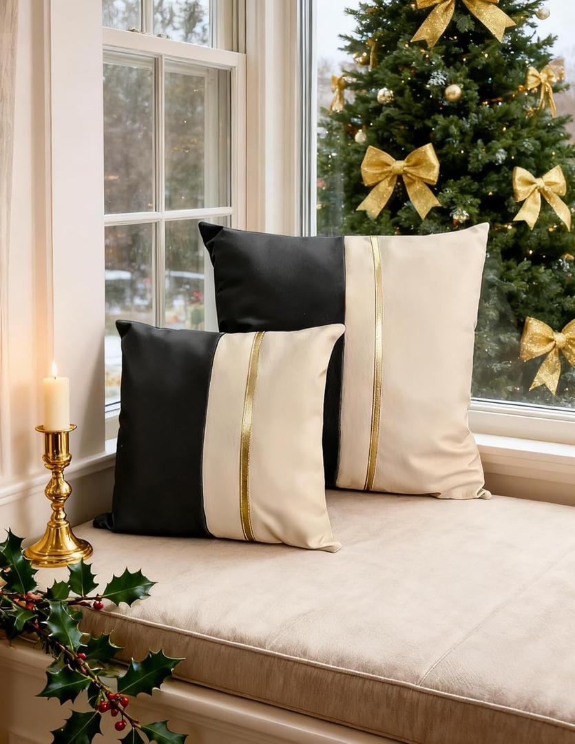 Christmas Small Pillow Covers, Leather Beige and Black Rectangle Throw Pillows Covers for Living Room Couch Bed, Waterproof Cushion Case 13x13 in