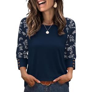WIHOLL Boho Tops for Women 3/ 4 Length Sleeve with Buttons Summer Travel Vacation Clothes Business Casual Outfits Plus Size Blouses Trendy Fashion Clothing Graphic Blue L