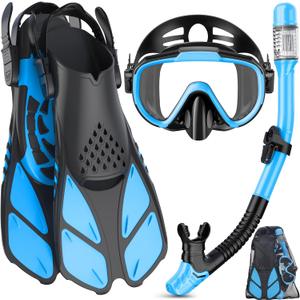 Snorkeling Gear for Adults Men Women,4 in 1 Snorkel Set with Panoramic View Diving Mask Anti-Fog Anti-Leak, Dry Top Snorkel, Fins and Travel Bag for Swimming, Snorkeling and Travel Diving (ML/XL, Light Blue)