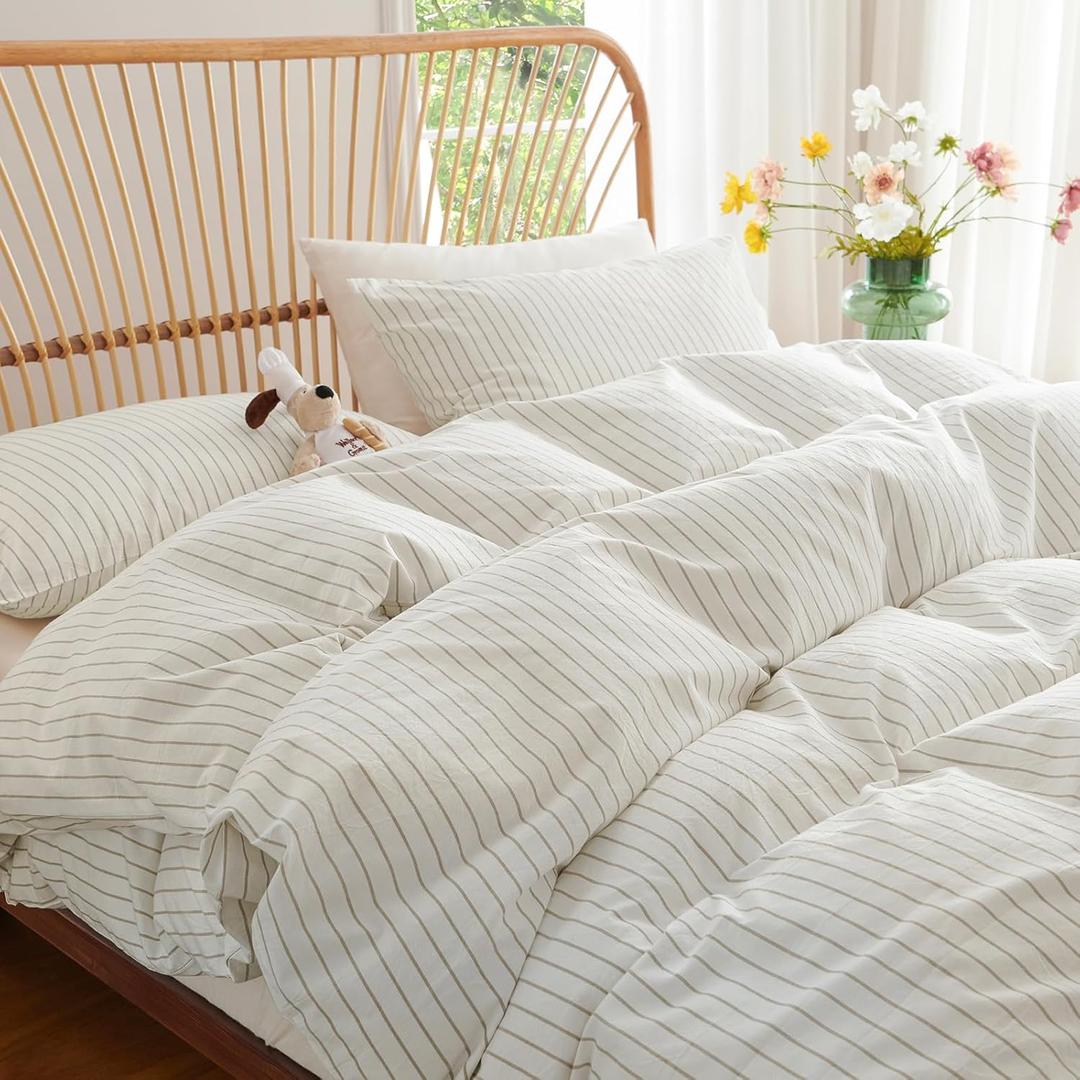 Nayoroom Striped Duvet Cover Queen Size 100% Washed Cotton White Brown Stripe Duvet Cover 3 Pieces Soft Breathable Girls Dorm Bedding Set for All Seasons, Yarn Dyed Process