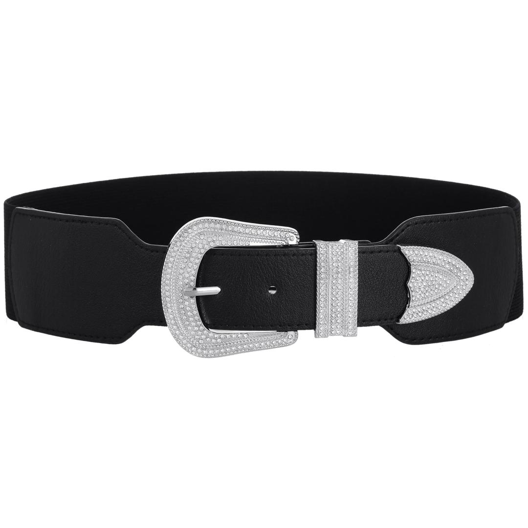 JIKELEK Wide Stretchy Waist Rhinestone Belt for Women Elastic Buckle Belt for Ladies Dresses (Black (Silver Buckle), Fit Waist Size 36"-45") (Black)