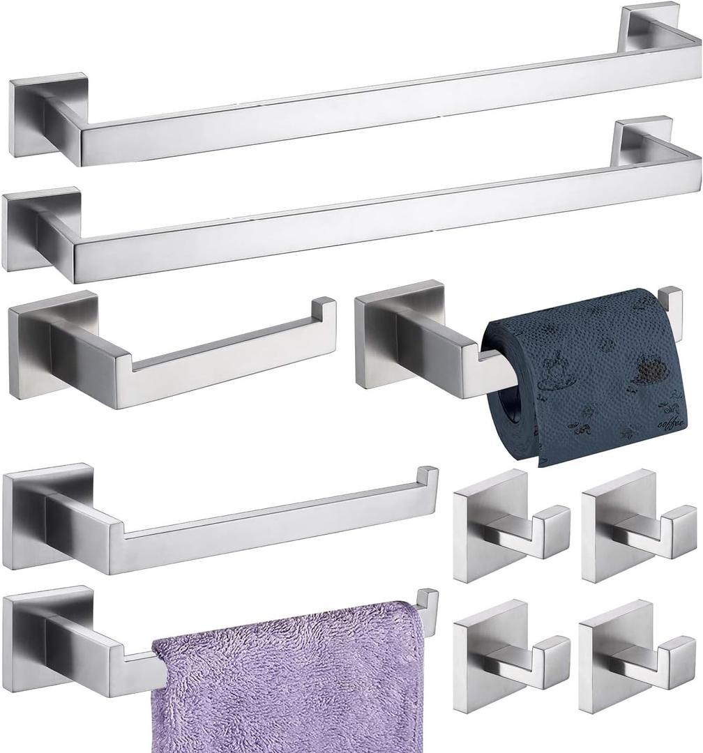 10-Pieces Bathroom Hardware Set Brush Nickel Bathroom Accessories Set SUS304 Towel Bar Set Includes 2 Towel Bar 23.6 Inch+2 Towel Holder+2 Toilet Paper Holder+4 Towel Hook (10, Brush Nickel)