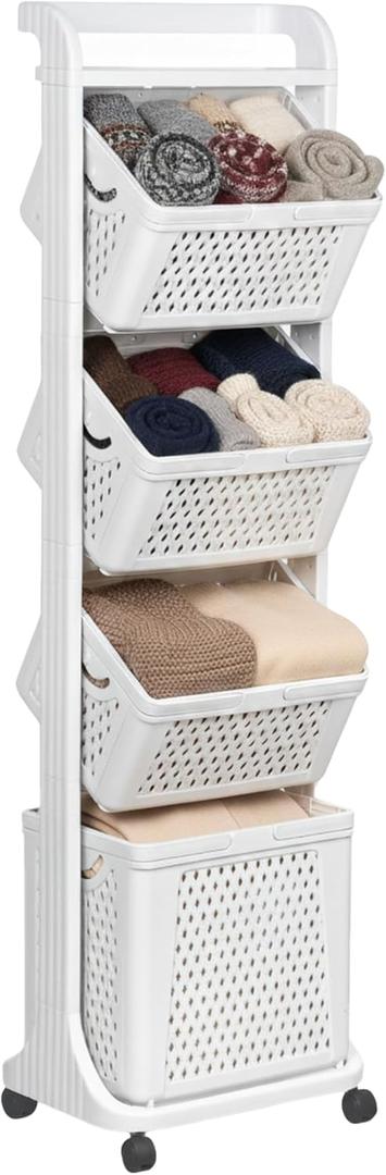 ZOES HOMEWARE 4 Tier Laundry Basket Organizer, 92L Vertical Laundry Hamper, Removable Rolling Sorter Baskets With Wheels for Small Space, Dorm, Bathroom, Bedroom, 58.66" x 12.99" x 16.93"