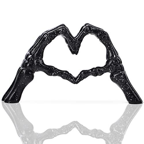 LCCCK Black Hand Gesture Desk Statues Love Ornaments,Skull Couple Statue, Creative Wedding Home Desktop Decor,Heart Shape Hand Figurines for Living Room Shelf Coffee Table Centerpiece