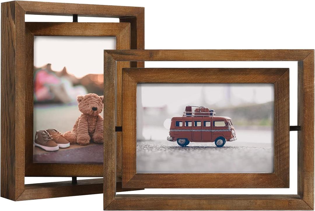 Egofine 2 Pack 4x6 Rotating Floating Picture Frames,Double-Sided Display with HD Glass Front Wooden Distressed Frame for Vertical or Horizontal Tabletop Display, Carbonization (Carbonized Brown)