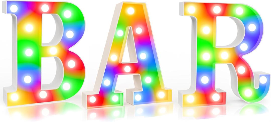 BAR - Illuminated Marquee Bar Sign for home decor - Light up LED Marquee Word Sign - Pre-Lit Pub Light Battery Operated, Valentines Day Gifts for Him (Colorful)