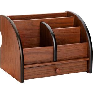 Foraineam Wooden Desk Organizer with Drawer, Remote Control Holder Caddy, Makeup Organizers, Wood Pencil Holder Desktop Supplies and Stationery Rack for Home Office School Tabletop Accessories Storage