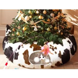 Christmas tree cat tunnel, Cow Print Cat Tunnels with Washable Mat and Hanging Ball, Round Cat Tunnel