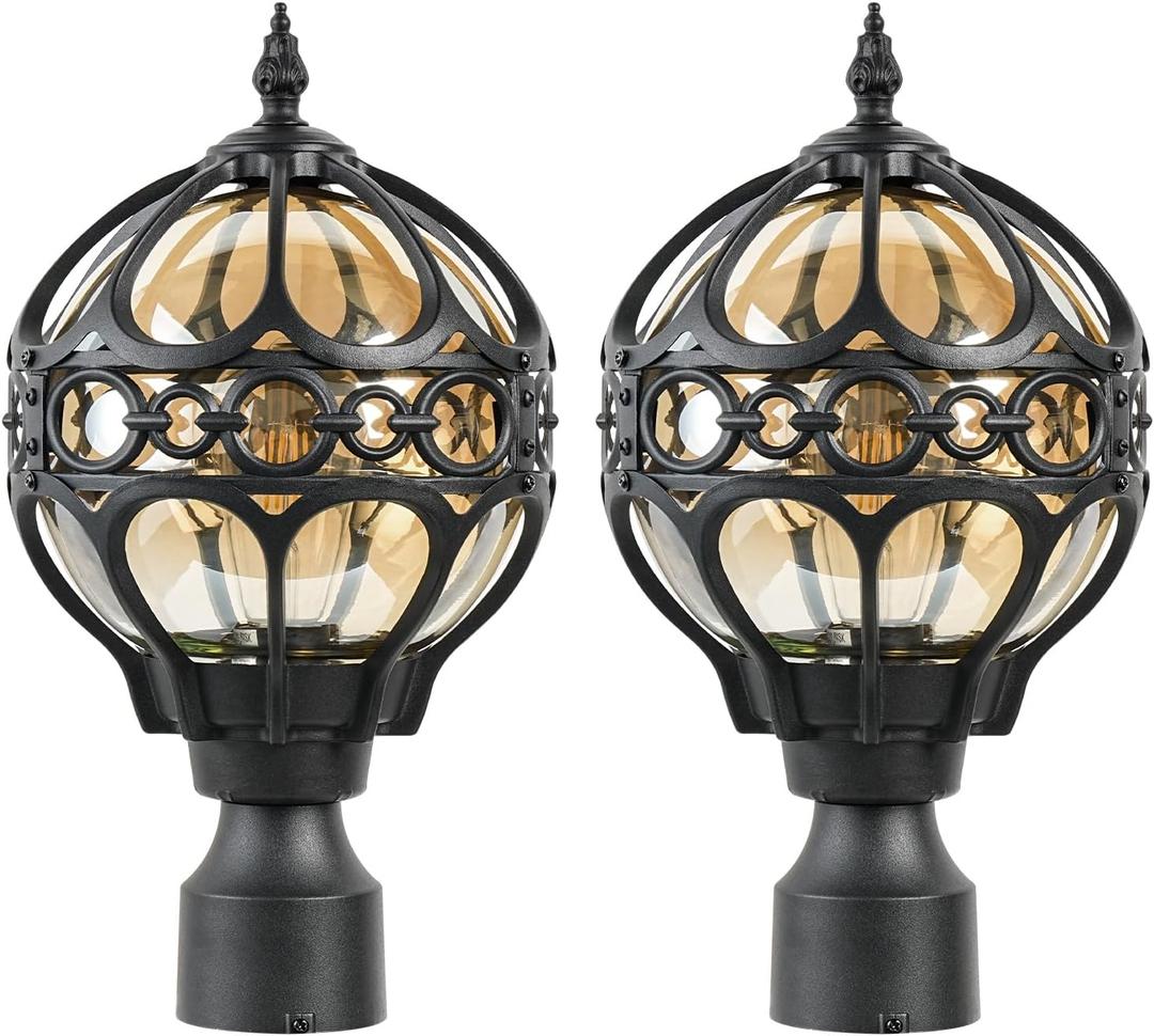 2 Pack Outdoor Globe Lamp Post Light Fixtures, 15.8" Black Sphere Post Top Lantern for Patio, Porch, Driveway, Hardwired Anti-Rust Aluminum Pillar Light with Amber Glass, Fits Standard 3" Post