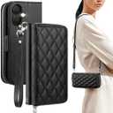 OCASE for iPhone 17 Crossbody Wallet Case - Stylish PU Leather Handbag Phone Purse with Zipper Closure, Card Slots & RFID Blocking - Wrist Strap, Lanyard, Kickstand - Diamond Check Black