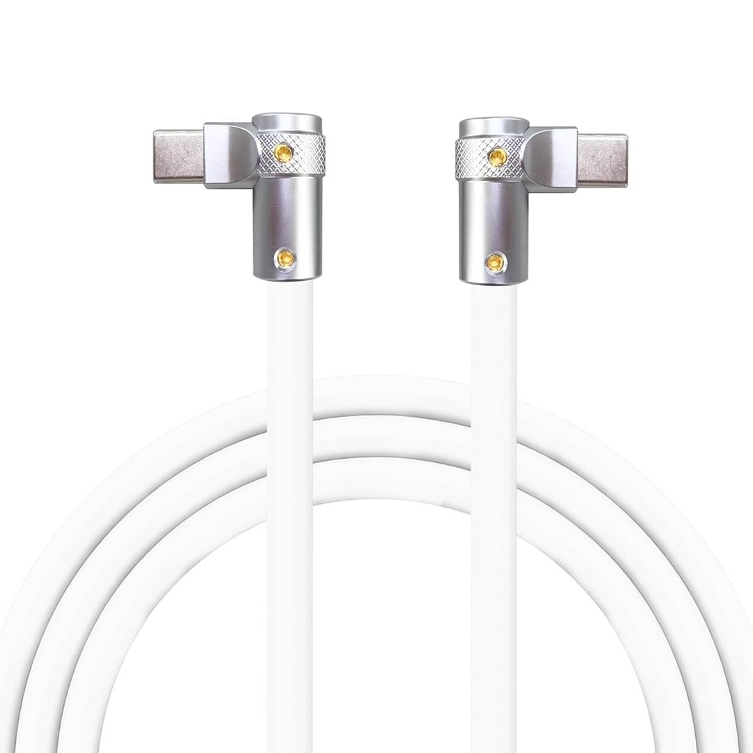 chubbycable FlexElbow Pro - 90 Degree Design 240W Fast Charge Cable Ultra-Thick Silicone Right Angle USB C Cable Phone Tablets Charging Cord, White, Double Elbow Type C to Type C, 19.6FT