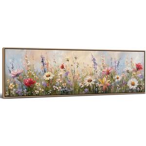 Wood Framed Wildflower Wall Art for Living Room, Colorful Flower Poppy Daisy Picture for Bedroom Above Bed Abstract Nature Floral Field Painting Canvas Prints Meadow Poster Artwork Decorations 14x48
