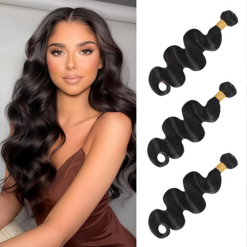 Body Wave Bundles Human Hair 20 22 24 Inch Human Hair Bundles Double Weft 3 Bundle Brazilian Virgin Human Hair Weave for Black Woman Natural Black Color