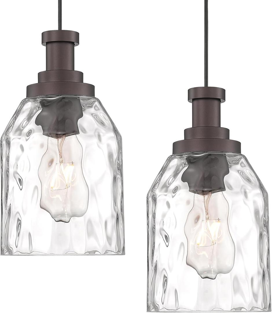 zeyu Modern Pendant Lights Kitchen Island 2 Pack, 1-Light Hanging Pendant Lighting for Dining Room, Water Ripple Glass Shade, Oil Rubbed Bronze Finish, ZG33M1L-2L ORB-WG
