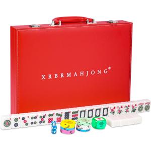 Large 1.5" American Mahjong Set with Red Leather Case,166 Quality Tiles,Jade White/Antique Ivory Luxury Game for Family Nights/Collector Gifts (Racks and Pushers not Included) (Jade White)