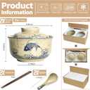 Ceramic Ramen Bowl Set of 2, Ramen Noodle Bowl with Lid 27oz Japanese Retro Style Soup, Pho, Udon Bowls, Matching Spoons and Chopsticks for Microwave & Dishwasher Safe, Fish