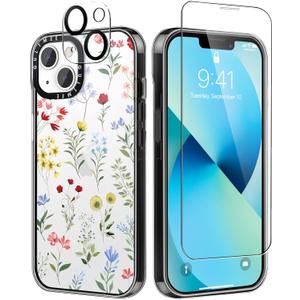 [3 in 1] Designed for iPhone 13 Case Cute Floral Leaves with Built-in Bumper Shockproof Protective Phone Case Cover for iPhone 13 Cases 6.1" Tempered Glass Screen Protector + Camera Lens Protector