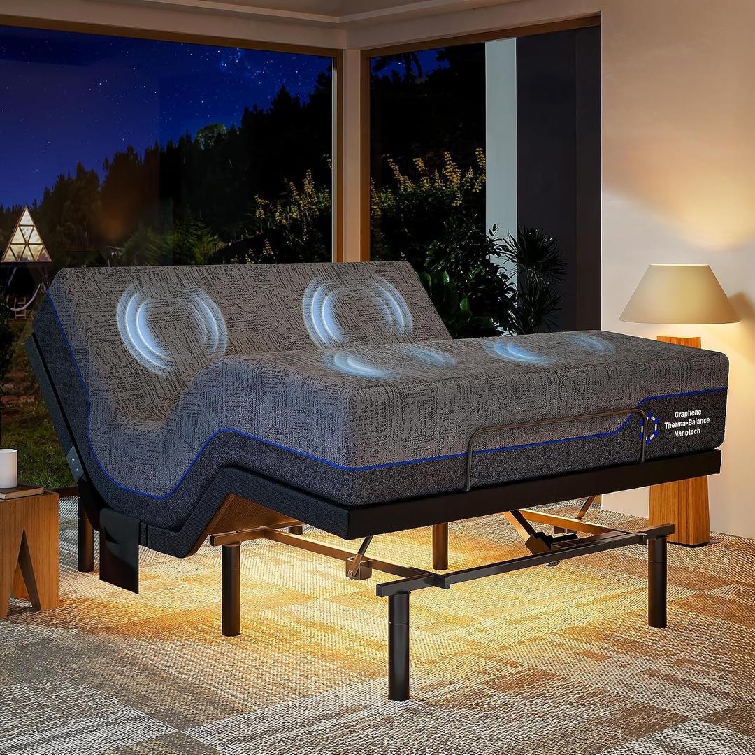 Marsail NS1 Queen Adjustable Bed Base with Massage- Smart Dual Motor Bed Frame with Wireless Remote, 3-Min Assembly, Zero Gravity & Anti-Snore Modes, Under Bed Lighting, 4 USB Ports