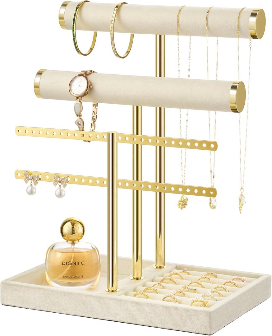 3 Tier Bracelet Holder Display - Detachable T Bar Beige Velvet Bracelet Holder, Jewelry Holder Organizer for Bracelet, Necklace, Earrings, Rings (Large)