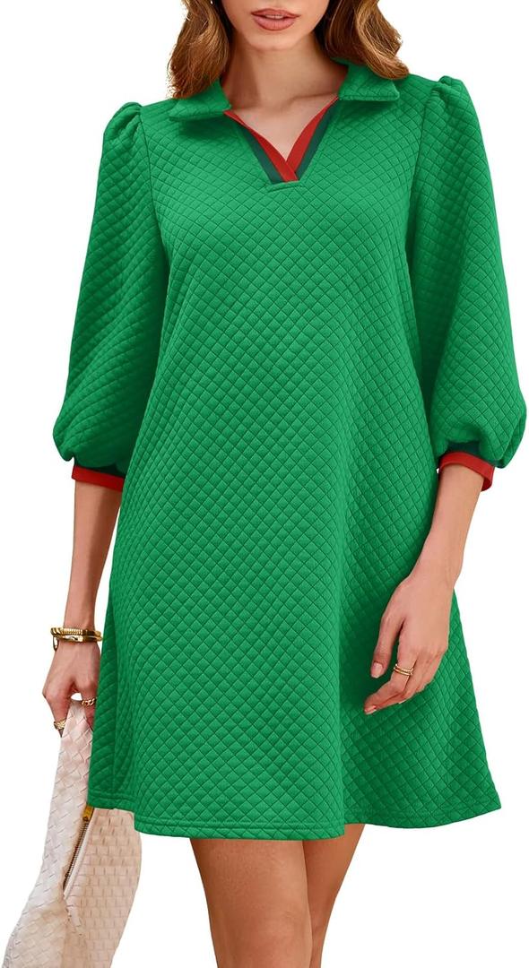 Wenrine Womens 3/4 Sleeve Mini Dress Casual V Neck Collared Textured Loose Fall A Line Argyle Dresses with Pockets (Green) Large