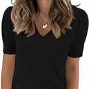 LOMON Womens Sweaters Puff Short Sleeve Lightweight Knit Summer Fall Tops Dressy V-Neck Work Blouses Business Casual Outfits (Black, S)