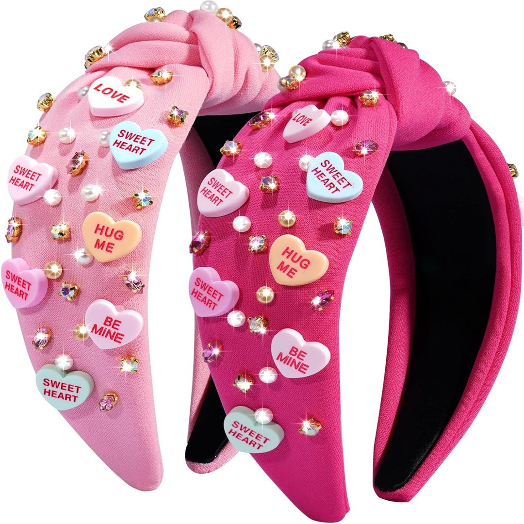 2 Pack Valentines Day Headbands for Women Girls Knot Jeweled Rhinestone Hair Accessories Pink Red Heart Clothes Outfit Gifts