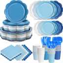 350 Pcs Blue Party Supplies Set - Blue Paper Plates and Napkins Set Include Gradient Blue Scalloped Paper Plate Napkin Cup Spoon Fork Knife for Birthday, Baby Shower, Wedding Forest Events
